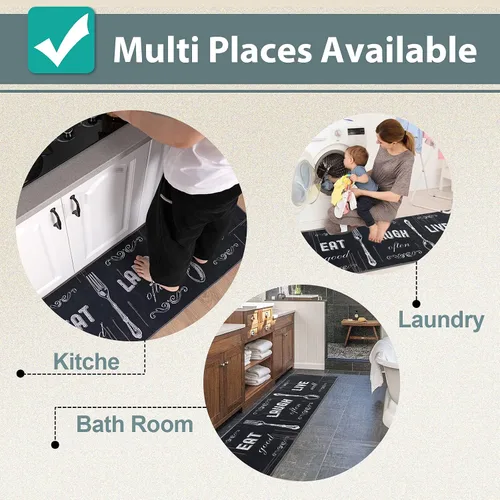 Vista 7 de Carvapet Juego de 2 alfombras de cocina con respaldo antideslizante, tapete para cocina, corredor de entrada, diseño de lema, negruzco/gris oscuro