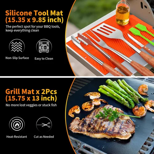 Vista 6 de Juego de accesorios para parrilla de 16 pulgadas, herramientas de accesorios para barbacoa de acero inoxidable resistente y accesorios para parrilla