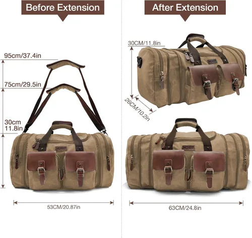 Vista 6 de Wildroad Bolsa de lona de viaje de 50 litros, bolsa de lona expandible de cuero genuino mejorada para el fin de semana durante la noche, Café