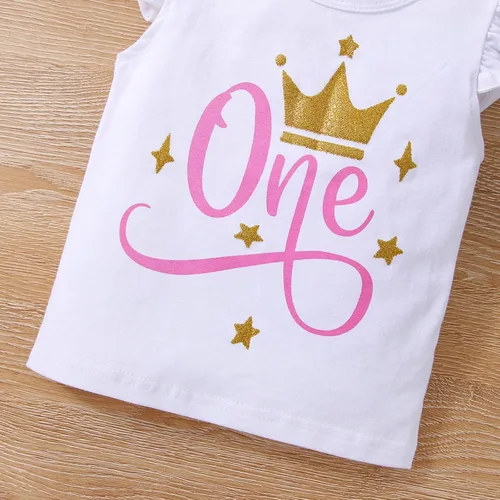 Vista 4 de Conjunto de mameluco de algodón para el primer cumpleaños para niñas con lentejuelas y lazo para la cabeza, 3 piezas