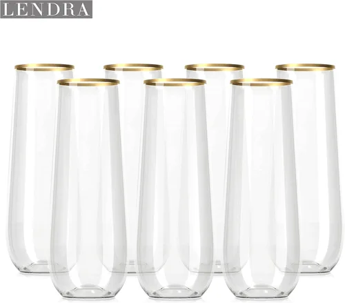 Vista 7 de 30 copas de champán de plástico sin tallo, desechables, irrompibles, de 9 onzas, con borde dorado, reutilizables, transparentes, elegantes e