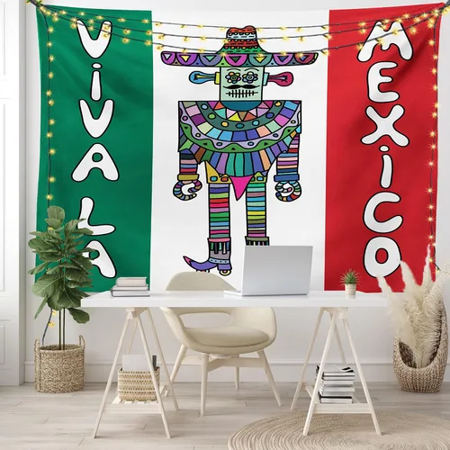 Vista 6 de Lunarable Tapiz mexicano, robot mexicano con sombrero y poncho sobre bandera mexicana, impresión de fondo de color, decoración colgante de pared