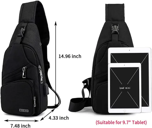 Vista 7 de Sling Bag Sling Mochila Crossbody Mochila Pecho Bolso Hombro Puerto Cargador USB, Negro -, Mochila tipo bandolera