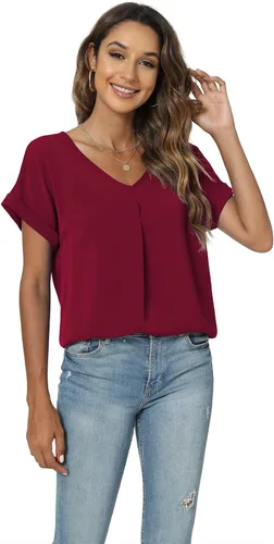 Vista 4 de QUEZHU - Blusas de verano para mujer, elegantes, de gasa, con cuello en V y estilo casual