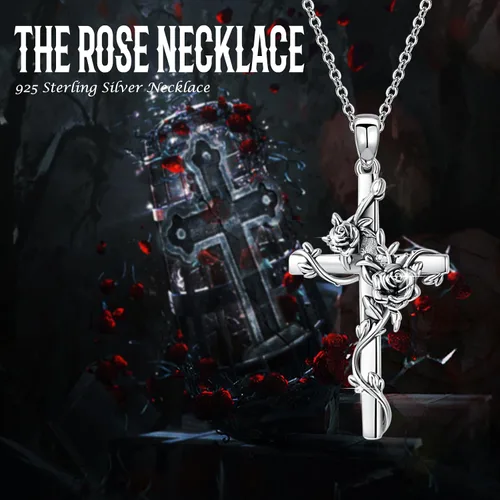 Vista 4 de Cross necklace 925 Sterling Silver Rose Crose Pendant Necklace Cross Necklace for Women (A-Rose Cross Necklace)