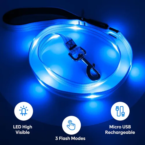 Vista 2 de Correa LED para perro de 4 pies, recargable con luz impermeable, seguridad que brilla en la oscuridad para caminar por la noche, nailon reflectante