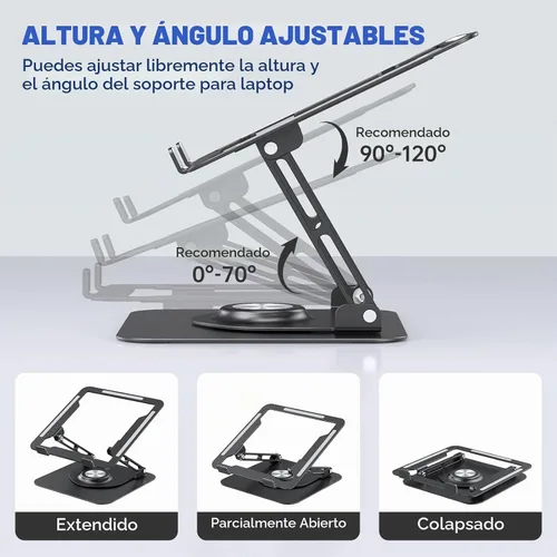 Vista 3 de Soporte para computadora portátil para escritorio, soporte de computadora ajustable con base giratoria de 360°, elevador ergonómico para computadora