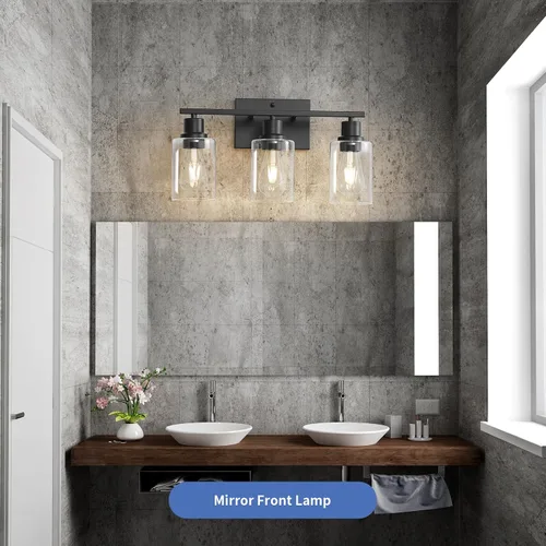 Vista 5 de 3 luces de tocador de baño, aplique de pared negro mate sobre espejo con cilindro templado de vidrio transparente grueso, accesorios de iluminación