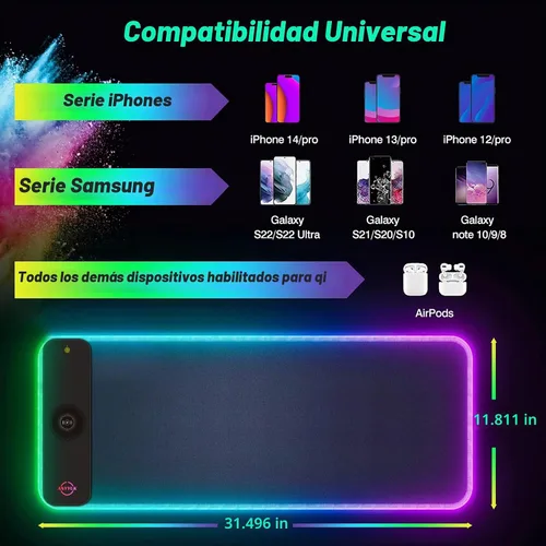 Vista 7 de Alfombrilla de mouse LED RGB con cargador inalámbrico de 15 W, alfombrilla de mouse para juegos con 10 modos de luz, alfombrilla de mouse extra