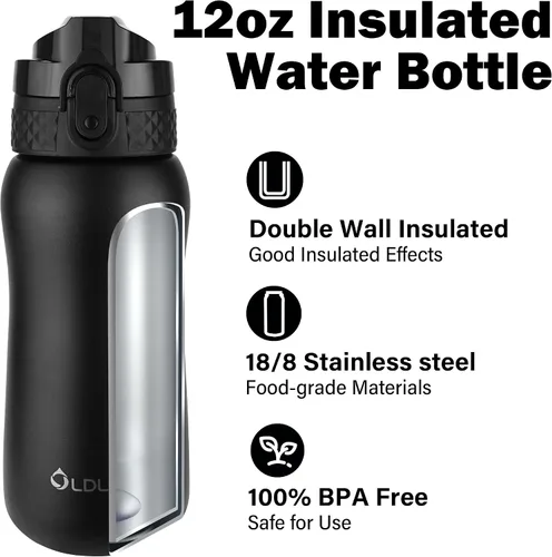Vista 4 de Botella de agua aislada Oldley de 12 oz con pajita, botella de agua de acero inoxidable con 2 tapas, botellas de doble pared con vacío para adultos