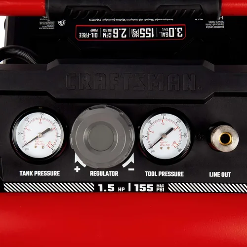 Vista 8 de Craftsman - Compresor de aire, 3 galones, 1,5 HP Max 155 Psi, sin aceite, portátil, color rojo, modelo CMXECXA0200341