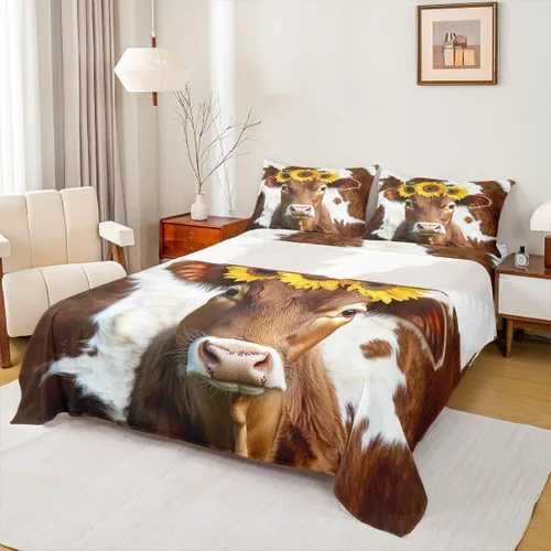 Vista 14 de Erosebridal Sábanas de cama con estampado de vaca, tamaño individual, juego de sábanas de girasol, juegos de sábanas y fundas de almohada con Multi