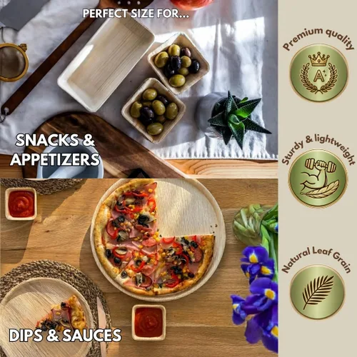 Vista 4 de Mini cuencos de hoja de palma de 3 pulgadas para salsas, aderezos para ensaladas, pequeños vasos desechables para salsa de soja, paquete de 50