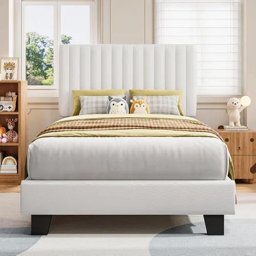 Vista 14 de iPormis Base de cama tamaño twin, cama de plataforma tapizada con cabecera de lino vertical, patas de cama anchas y soporte de listones de madera