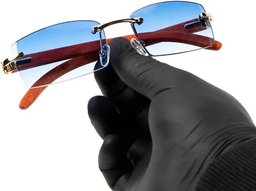Vista 2 de Lentes de sol rectangulares azules con montura dorada sin montura para mujeres y hombres, estilo vintage, estilo hip hop, estilo hip hop, sin marco