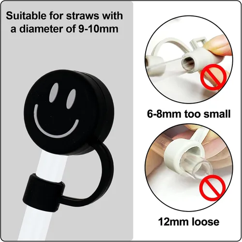 Vista 3 de Whaline 6 fundas de paja negras con diseño de sonrisa de 0.4 pulgadas, de silicona, reutilizables, redondos, con patrón de doble cara, para vasos