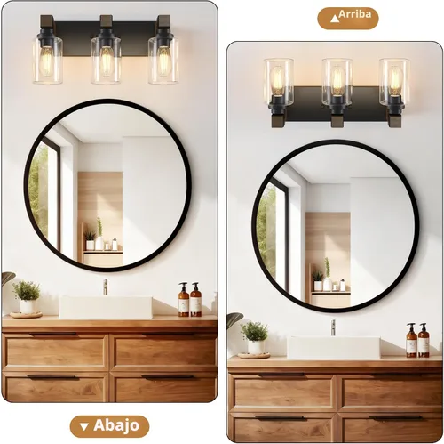 Vista 6 de Accesorios de iluminación de baño de granja, luces de tocador rústicas de 3 luces en madera para baño, iluminación de apliques de pared vintage