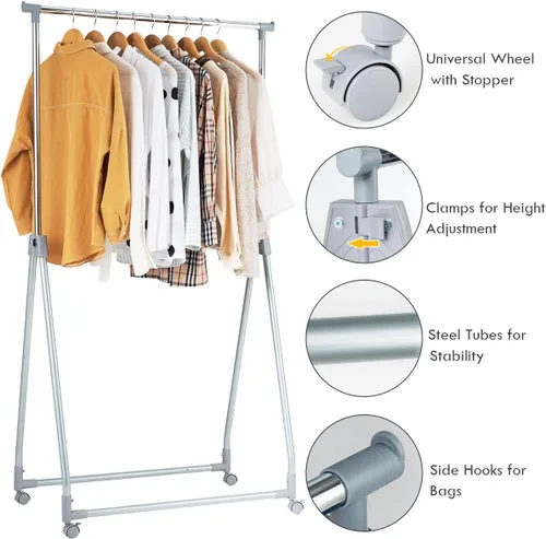 Vista 8 de Tangkula Perchero extensible para ropa, resistente y plegable con barra para colgar ajustable, colgador de ropa rodante para oficina en casa