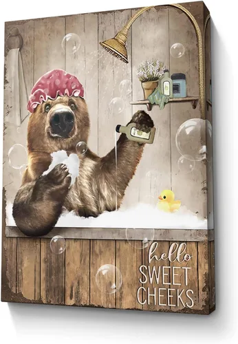 Vista 23 de Bonito oso para decoración de baño, arte de pared divertido con estampado de oso de casa de campo, pintura decorativa de pared enmarcada moderna