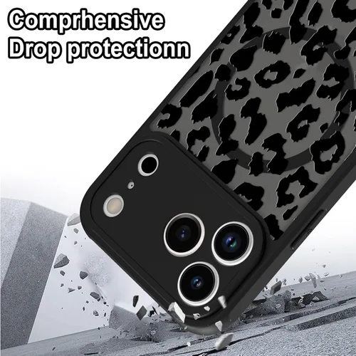 Vista 3 de Funda magnética para iPhone 17 Pro [compatible con MagSafe], bonita funda de moda con estampado de leopardo negro, translúcida, mate, parte trasera