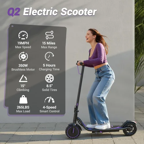 Vista 2 de Electric Scooter for Adults & Teens, 350W Motor, 15 Miles Long Range, 19 MPH Max Speed, 8.5" Solid Tire, Lightweight EScooter with Dual Brakes &