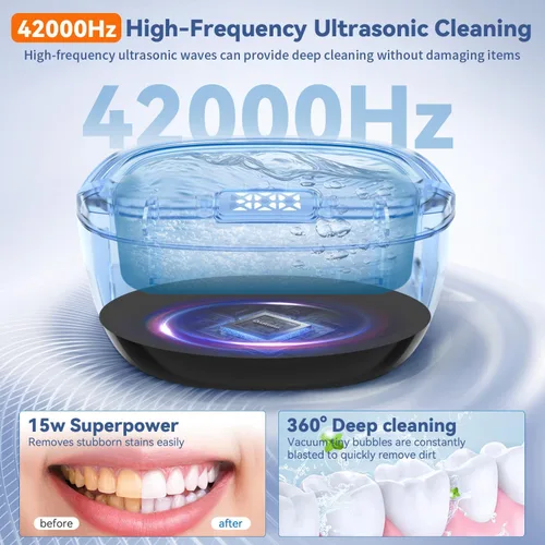 Vista 3 de Limpiador ultrasónico de retenedor, cápsula de limpieza dental de 45kHz para dentaduras, alineadores, protectores nocturnos y joyas, limpiador