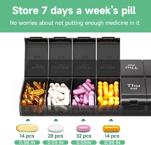 Vista 2 de Organizador de píldoras extra grande de 7 días, 2 veces al día, pastillero semanal dos veces al día, estuche de píldoras XL AM PM, organizador