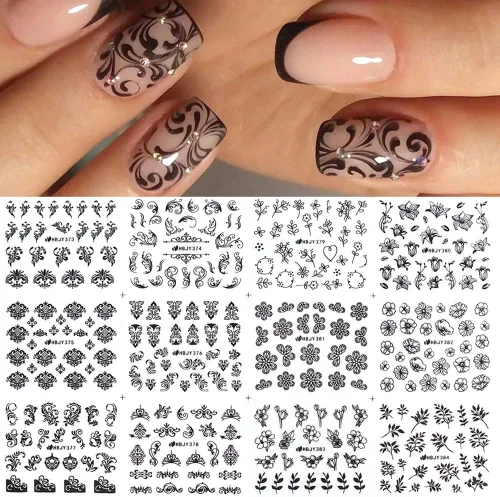 Vista 9 de Calcomanías de Arte de Uñas de Flores, Calcomanías de Uñas de Flores Blancas Suministros de Arte de Uñas 3D Encaje Retro Hoja de Flor Enredadera