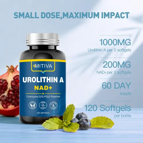 Vista 4 de Suplemento de Urolitina A con NAD+, CoQ10 y PQQ – Antioxidantes y apoyo mitocondrial para vitalidad y envejecimiento saludable – Enfoque