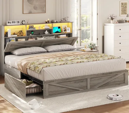 Vista 9 de VIAGDO Bastidor de cama estilo granja tamaño completo con cabecero de almacenamiento tipo librero, estación de carga y luces LED, bastidor de cama