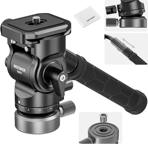 Vista 12 de NEEWER Trípode con cabeza fluida con base de nivelación +/-10° (37mm de diámetro), cabeza de pan y tilt de metal con placa QR tipo Arca, mango