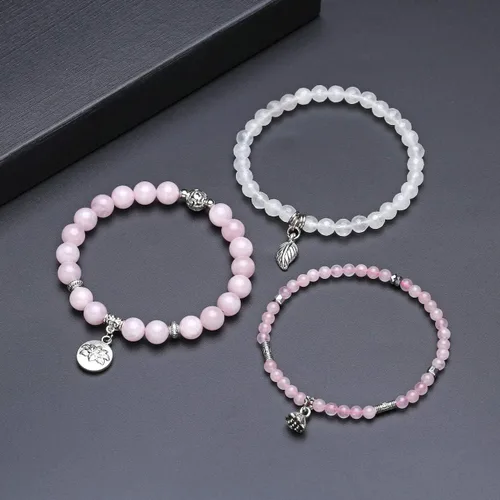 Vista 3 de Jovivi - 3 pulseras de cuentas de cristal de cuarzo rosa amatista para chakras, energía natural de curación, cuentas de loto, piedra reiki