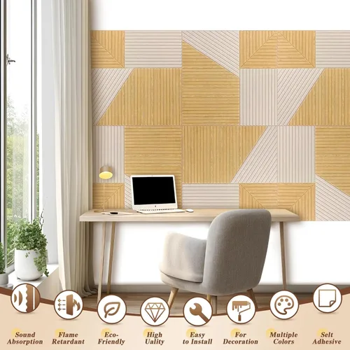 Vista 2 de Paquete de 6 paneles acústicos para pared (cada uno de 23.6x23.6 pulgadas) - Reducción de ruido de 25dB, autoadhesivo color marrón Decoración