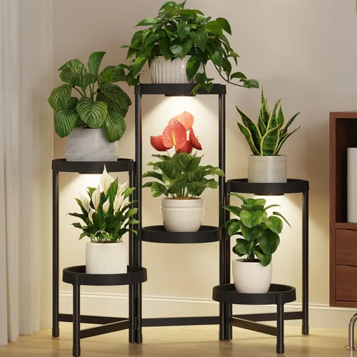 Vista 10 de LASZOLA Soporte plegable de 3 niveles para plantas de interior para múltiples macetas grandes, estante ajustable alto y resistente con estantería