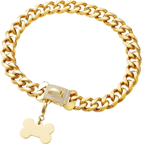 Vista 2 de Collar de acero inoxidable con eslabones de oro cubano resistente para perros pequeños, medianos y grandes, collar de perro de bulldog francés