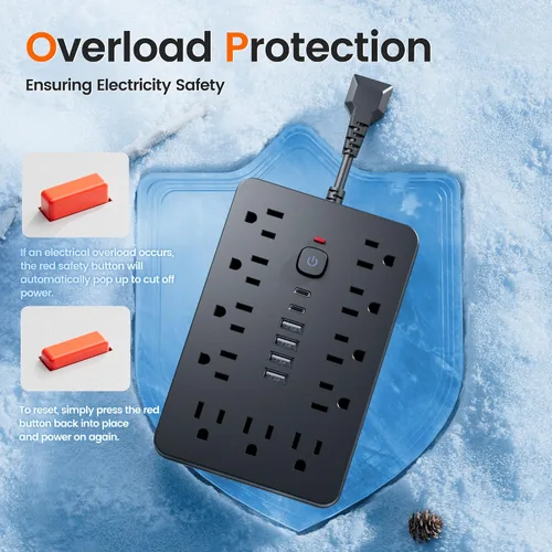 Vista 4 de Protector de sobretensiones - Enchufe de pared con múltiples tomas de corriente alterna, 6 puertos USB (2 USB C), cable de extensión corto negro