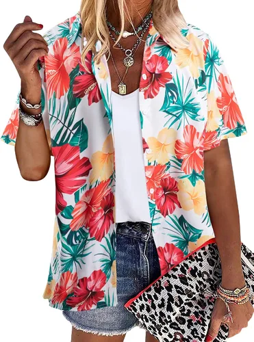 Vista 3 de MYHALF Camisa hawaiana suave y fresca para mujer, camisas hawaianas de verano con estampado floral tropical, cuello en V, camiseta de manga corta