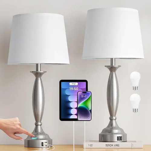 Vista 18 de Juego de 2 lámparas grises para dormitorio, lámpara de noche con control táctil con USB C+A, lámparas de mesita de noche regulables de 3 vías