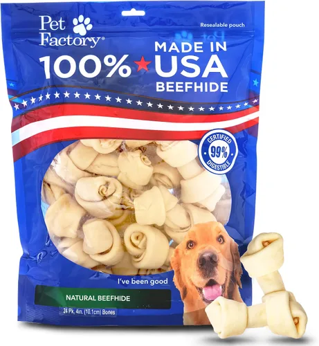 Vista 16 de Pet Factory Golosinas masticables para perros, 100% fabricadas en Estados Unidos, huesos anudados de 4 pulgadas, sabor a pollo, 18 unidades/1 paquete