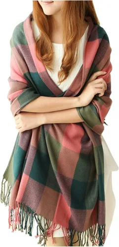 Vista 11 de Wander Agio Chal Largo de Moda para Mujer con Cuadrícula Grande, Bufanda Grande Cálida de Rejilla para Invierno Beige