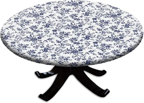 Vista 124 de Mantel redondo ajustable con borde elástico floral azul, mantel con borde elástico de estilo floral pastoral, almohadilla de mesa de poliéster