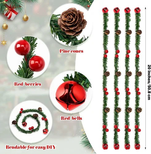Vista 2 de 30 Pcs Christmas Garland Ties with Bells 20" Twist Ties, Red