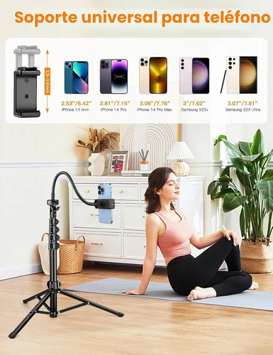 Vista 4 de Soporte de trípode para teléfono, trípode flexible de 84 pulgadas de alto para iPhone con cuello de cisne remoto