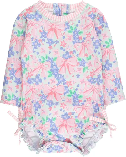 Vista 45 de RuffleButts - Traje de baño de una pieza con protección solar UPF 50+, camiseta de protección floral estampado, manga larga, con cierre zipper