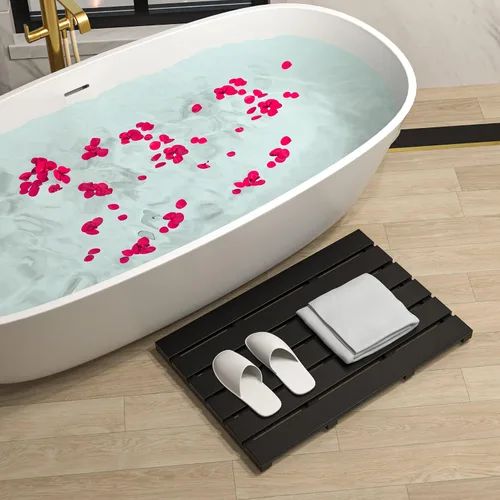 Vista 3 de Tapete de baño para ducha de lujo, antideslizante, de madera de bambú, impermeable, para uso en interiores o exteriores (negro)