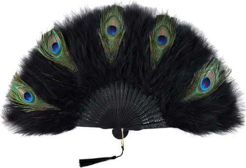 Vista 17 de BABEYOND - Abanico de mano plegable de plumas de marabú de los años 20 Blanco roto