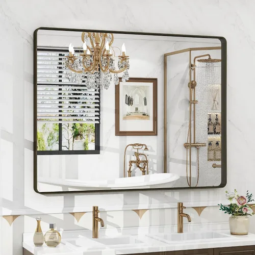Vista 59 de Espejo rectangular para pared de baño de 20x30 pulgadas con marco negro mate, espejo de tocador con esquinas redondeadas, espejo de baño de metal