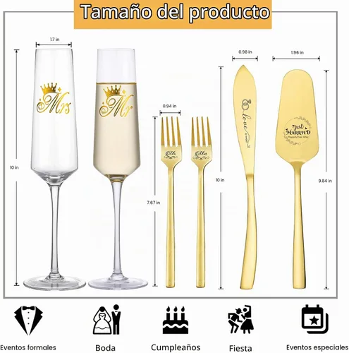 Vista 7 de Juego de cuchillo y servidor para pastel de boda, copas de champán para regalos de despedida de soltera Dorado