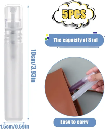 Vista 2 de KINBOM 5 atomizadores de perfume de 0.3 onzas líquidas recargables, botellas pequeñas de plástico mate para viajes, botellas de rociador vacías