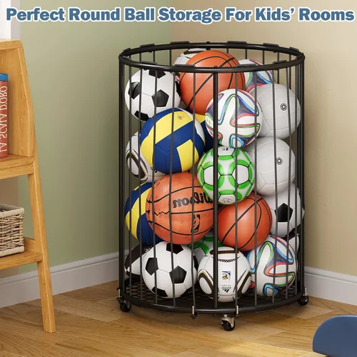 Vista 7 de Hencawima Garage Ball Storage: Round Sports Equipment Organizer with Wheels, Sports Ball Rack With Elastic Rope, Ball Holder for Basketball, Soccer